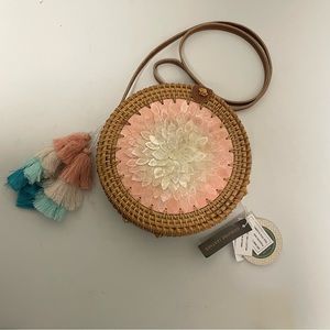 Handwoven Round Rattan Boho Crossbody Handbag.